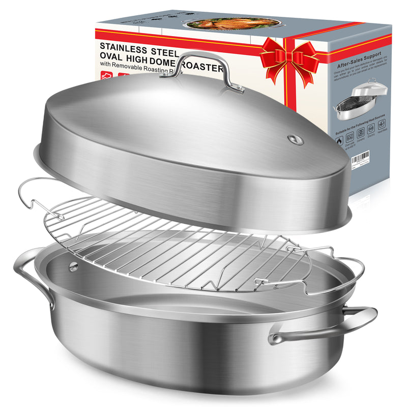 HuaQue Roasting Pan with Rack and Lid, Stainless Steel Large