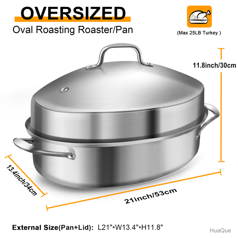 21 Inch Stainless Steel Roasting Pan With Rack & Lid - Oval Turkey Roaster For Oven