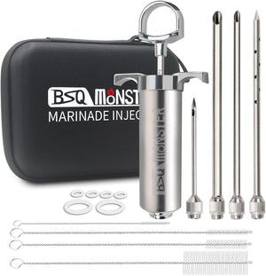BSQ MONSTER Meat Injector for Smoker with Case and 4 Flavor Food Injector Syringe Needles, Perfect Injecting Marinade into Turkey, Meat; 2-oz; Paper and E-Book (PDF) User Manual Included