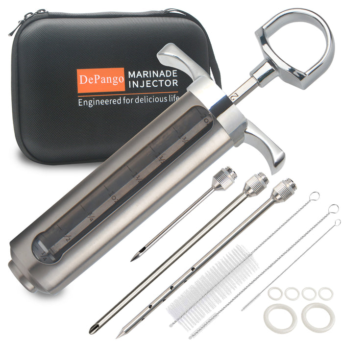 DePango Meat Injector, Stainless Steel Marinade Injector Flavor Syringe Kit with 2-oz Measurement Window for Smoker Food BBQ Grill, Cooking Turkey Chicken Steak Beef Brisket Pork-Chops, 3 Meat Needles