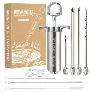 BBQ Monster Meat Injector Syringe Kit with 4 Professional Marinade Injector Needles for BBQ Grill Smoker, Turkey and Brisket; 2-oz Large Capacity, Including Paper User Manual, Recipe E-Book (PDF)