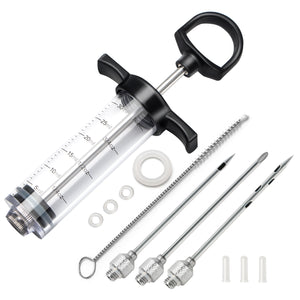 Tri-Sworker Plastic Meat Injector Kit for Smoker with 3 Flavor Food Syringe Needles, Ideal for Injecting Marinade into Turkey, Meat, Brisket; 1-OZ; Including Paper User Manual, Recipe E-Book (PDF)