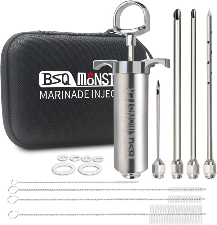 BSQ MONSTER Meat Injector for Smoker with Case and 4 Flavor Food Injector Syringe Needles, Perfect Injecting Marinade into Turkey, Meat; 2-oz; Paper and E-Book (PDF) User Manual Included