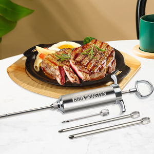 BBQ Monster Meat Injector Syringe Kit with 4 Professional Marinade Injector Needles for BBQ Grill Smoker, Turkey and Brisket; 2-oz Large Capacity, Including Paper User Manual, Recipe E-Book (PDF)