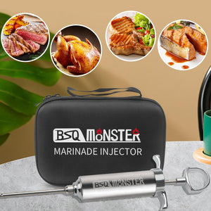 BSQ MONSTER Meat Injector for Smoker with Case and 4 Flavor Food Injector Syringe Needles, Perfect Injecting Marinade into Turkey, Meat; 2-oz; Paper and E-Book (PDF) User Manual Included