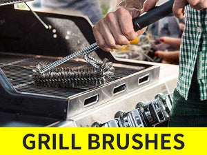  a man holding Ofargo grill brush to clean grill grids cleaning meat stains residues 