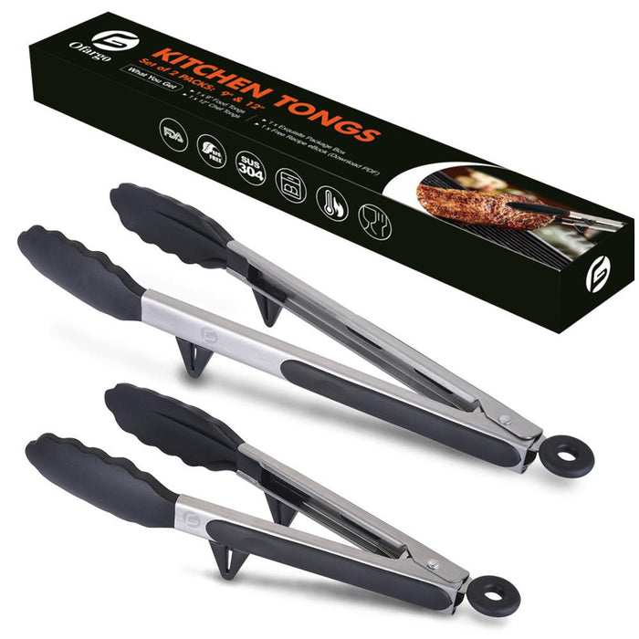 BBQ Tongs with Silicone Tips and Feet, 9"+12", 2 Packs