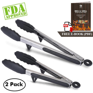 BBQ Tongs with Silicone Tips and Feet, 9"+12", 2 Packs
